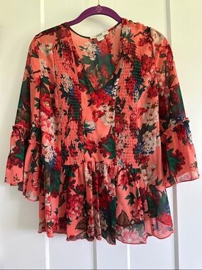 American Vintage Coral Floral Smocked Peplum Top
